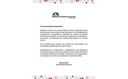 UAM Lerma suspende clases presenciales por bloqueo en la México-Toluca