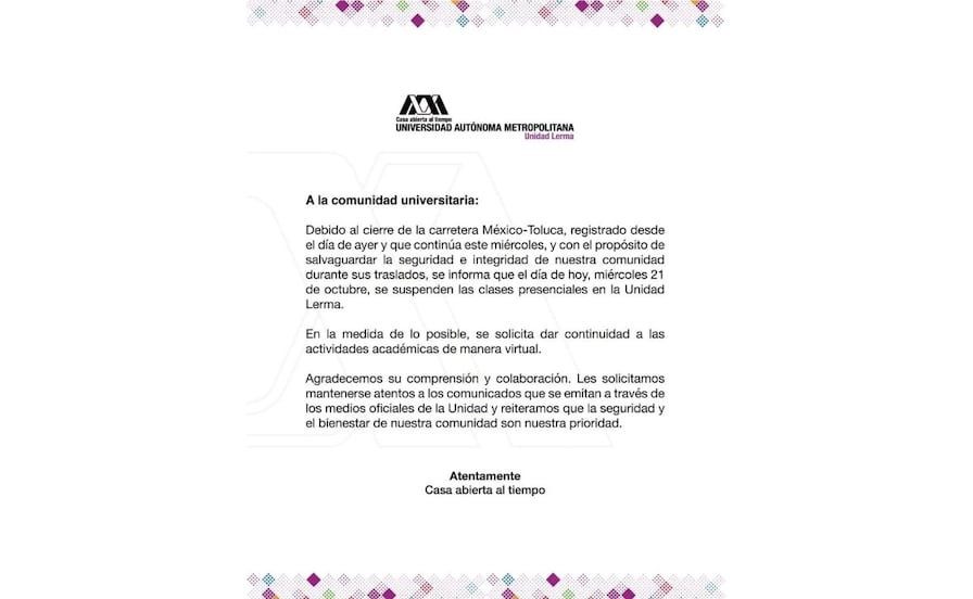 UAM Lerma suspende clases presenciales por bloqueo en la México-Toluca