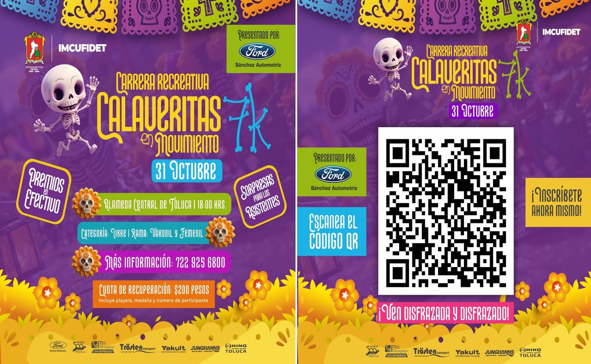 La carrera Calaveritas en Movimiento 7K en Toluca tendrá como salida y meta el Parque Cuauhtémoc Alameda Central, y se llevará a cabo el próximo jueves 31 de octubre a las 18:00 horas. Foto: Especial