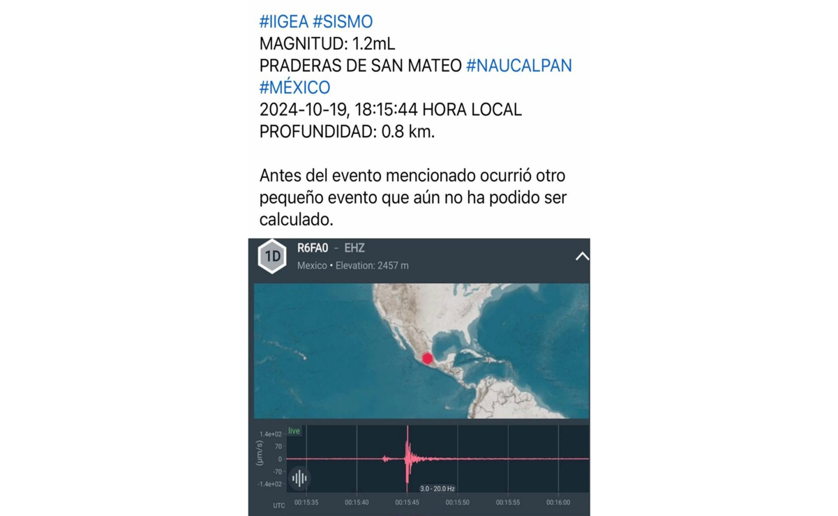 El IIGEA A.C. reportó un segundo sismo magnitud 1.2 en Praderas de San Mateo en Naucalpan a las 18:15 de ayer sábado. Foto: Especial