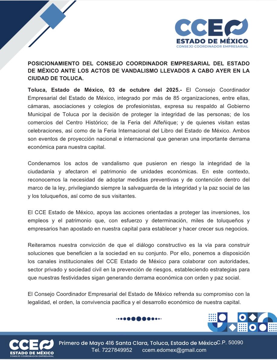 El Consejo Coordinador Empresarial (CCE) expresa su respaldo al Gobierno
Municipal de Toluca / Foto Especial